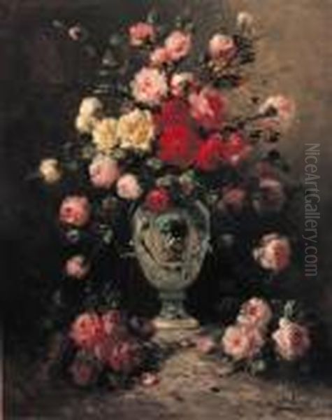 Flowers In A Tall Vase Oil Painting by Henry Schouten