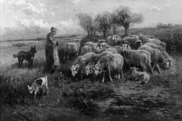 A Young Shepherdess With Flock Oil Painting by Henry Schouten