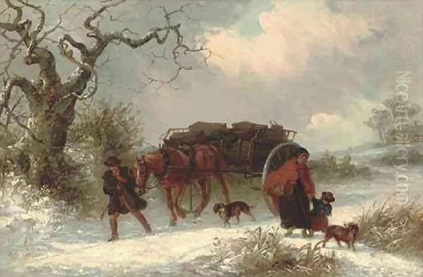 A carrier with passengers parting in a winter landscape Oil Painting by Thomas Smythe