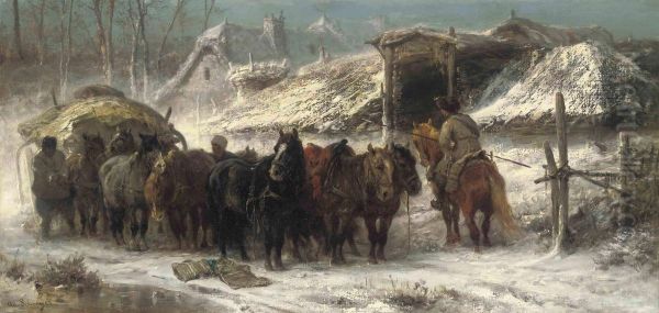 Cossaks Changing The Wagon Team Oil Painting by Adolf Schreyer