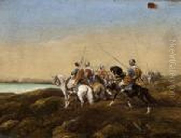 Arab Warriors On Horseback Oil Painting by Adolf Schreyer