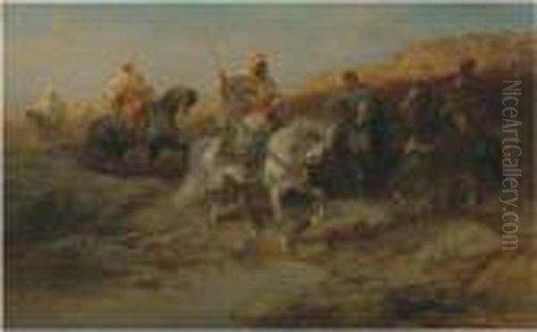 Riders By An Oasis Oil Painting by Adolf Schreyer