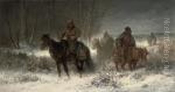 Cossacks Scouting In A Winter Landscape Oil Painting by Adolf Schreyer