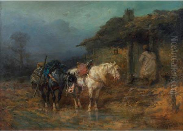 The Halt For Shelter Oil Painting by Adolf Schreyer