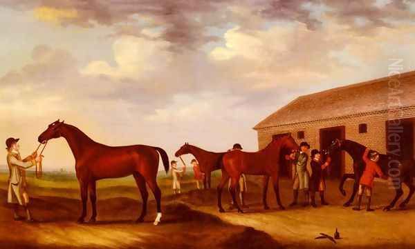 Four Racehorses Outside The Rubbing Down House, Newmarket Oil Painting by Francis Sartorius