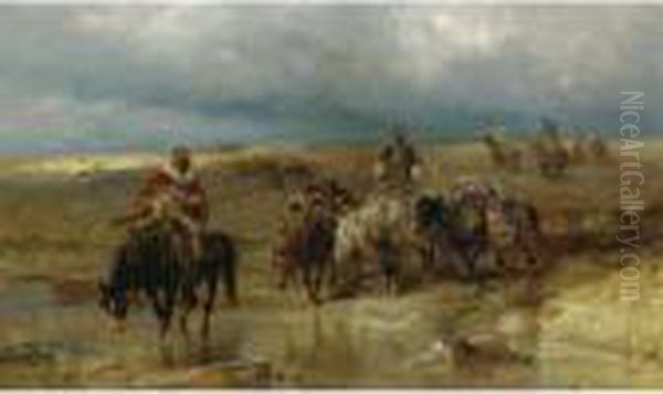 Arabs Watering Their Horses Oil Painting by Adolf Schreyer