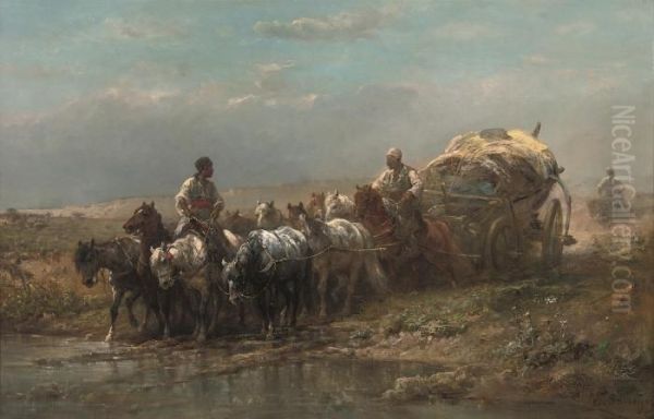 Fording A River Oil Painting by Adolf Schreyer