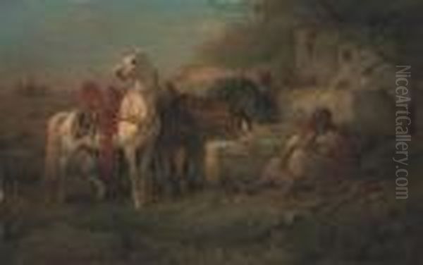 Watering The Horses Outside A Desert Town Oil Painting by Adolf Schreyer