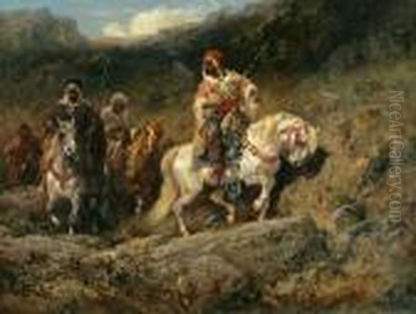 An Arab Horsemen In A Mountainous Landscape Oil Painting by Adolf Schreyer