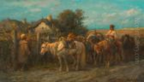 Rider With Horses Before A Courtyard. Oil Painting by Adolf Schreyer