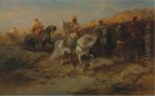 Arab Horsemen By An Oasis Oil Painting by Adolf Schreyer