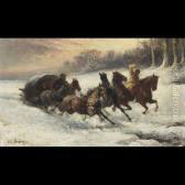 Charging Troika In The Snow Oil Painting by Adolf Schreyer