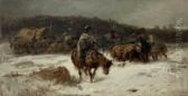 Wallachische Transportkolonne In Schneelandschaft Oil Painting by Adolf Schreyer