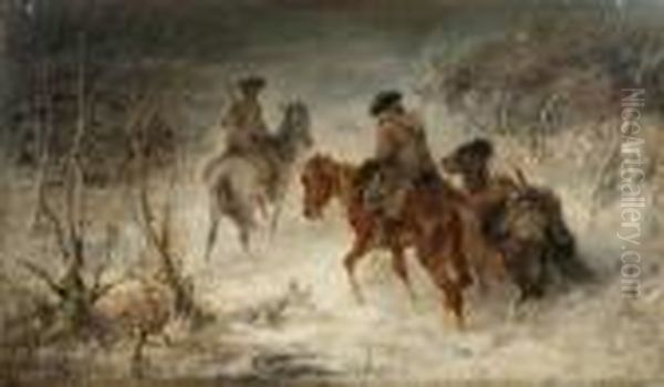 Cossacks Riding Through A Snowy Forest Oil Painting by Adolf Schreyer