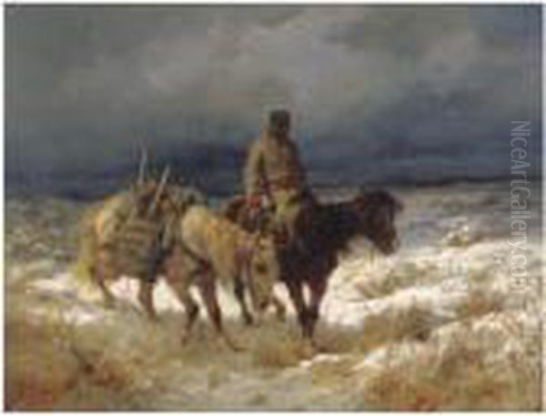 Horseman On The Russian Steppe Oil Painting by Adolf Schreyer