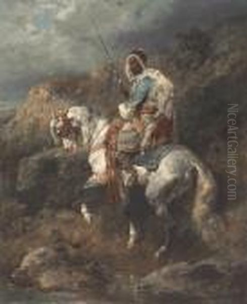 Arabischer Reiter An Einter Tranke Oil Painting by Adolf Schreyer