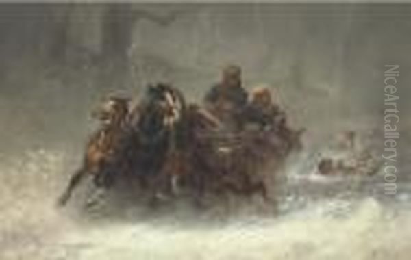 A Troika Pursued By Wolves Oil Painting by Adolf Schreyer