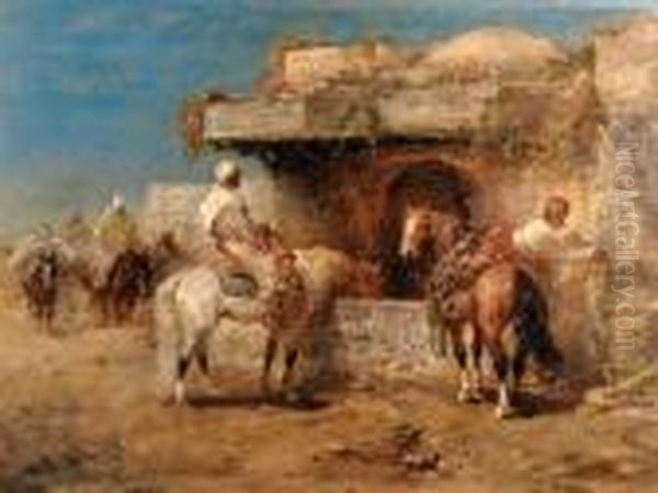 Bedouins At The Watering Hole Oil Painting by Adolf Schreyer