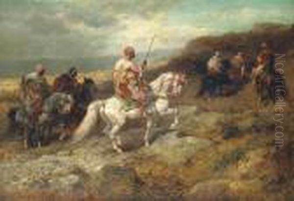 Arab Warriors On A Rocky Hillside Oil Painting by Adolf Schreyer