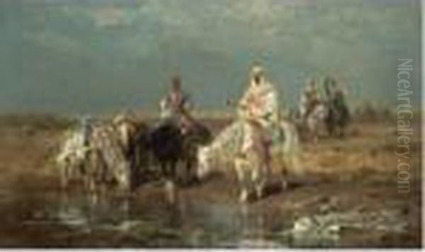 Horsemen By A Watering Hole Oil Painting by Adolf Schreyer