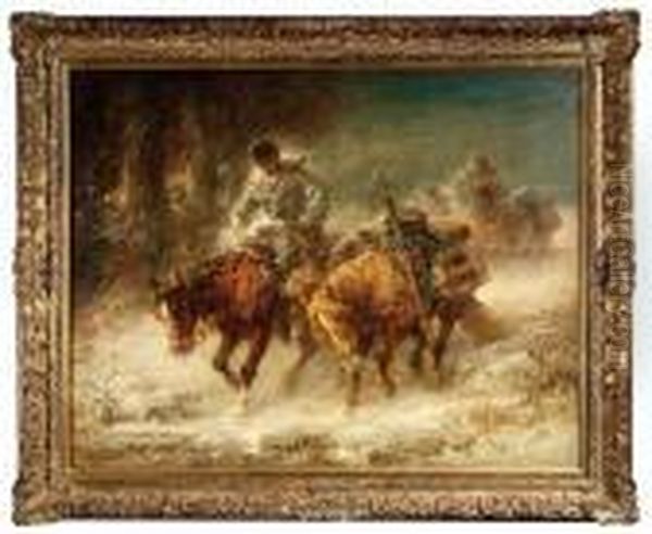 Riding Cossacksin A Wintry Landscape. Oil Painting by Adolf Schreyer