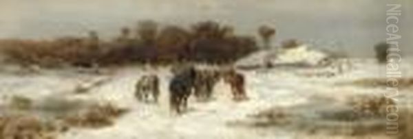 Horses Homeward Bound In A Winter Landscape Oil Painting by Adolf Schreyer