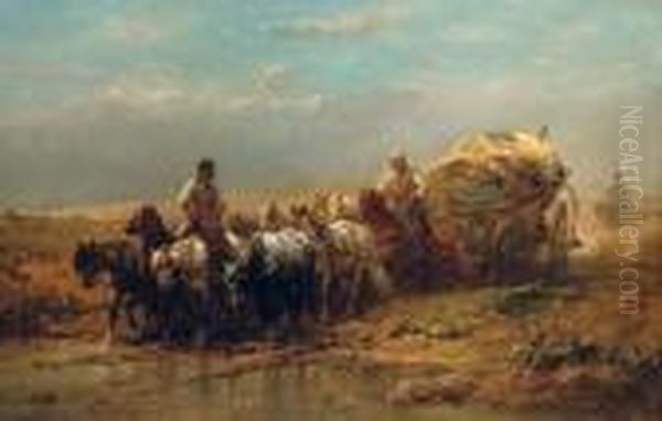 Fording A River Oil Painting by Adolf Schreyer