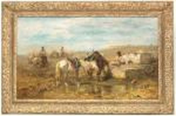 Oriental Landscape With Horsemen And Their Pack Animals At A Fountain Oil Painting by Adolf Schreyer