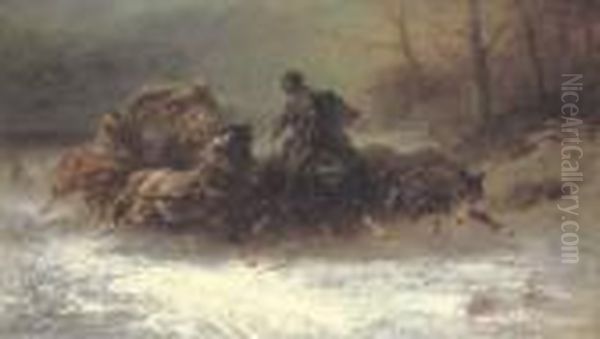 Hunted By Wolves Oil Painting by Adolf Schreyer