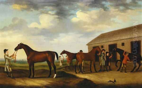 Four Racehorses outside the Rubbing Down House, Newmarket I Oil Painting by Francis Sartorius