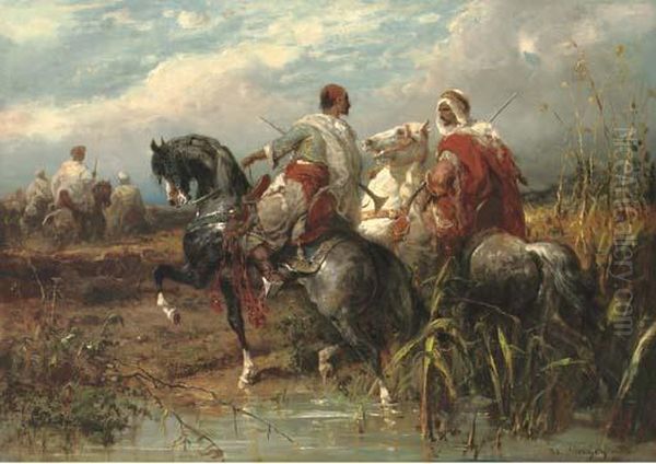 Two Arabs Fording A Stream Oil Painting by Adolf Schreyer