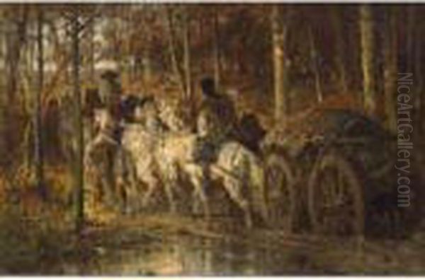 Horsemen Crossing The Woods Oil Painting by Adolf Schreyer