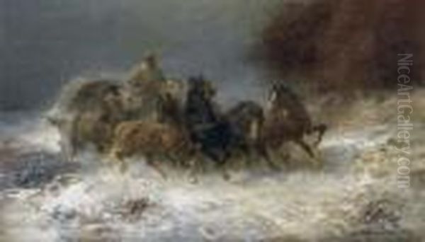 Horse And Carriage In Winter Oil Painting by Adolf Schreyer