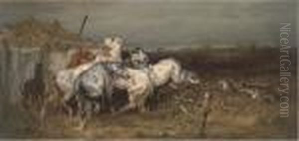 Horses Startled By Wolves Oil Painting by Adolf Schreyer