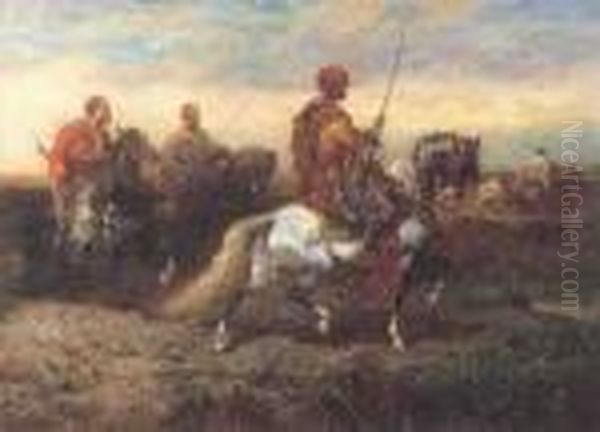 Araber Zu Pferde In Weiter Landschaft Oil Painting by Adolf Schreyer