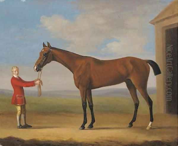 Sir Patrick Blake's Sir Anthony held by a groom by a stable in a landscape Oil Painting by Francis Sartorius