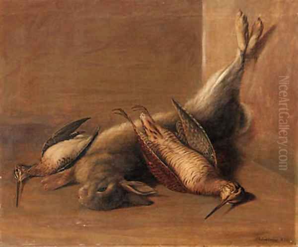 Dead Game A Woodcock, a Snipe and a Rabbit in an interior Oil Painting by Francis Sartorius