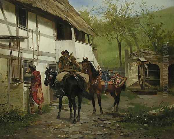 Riders Before a Cottage Oil Painting by Wladyslaw Szerner