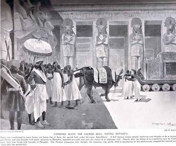 Cambyses slays the Sacred Bull, illustration from Hutchinsons History of the Nations, c.1910 Oil Painting by H. Sepping Wright