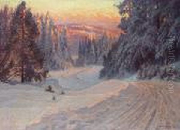 Midwinter Evening By A Forest Road, Dalarne Oil Painting by Anshelm Schultzberg