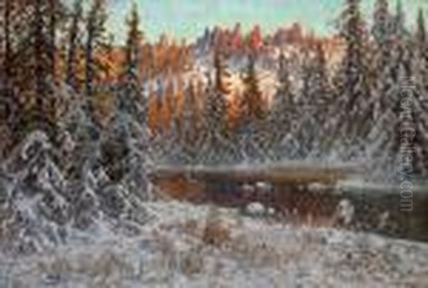 Decemberafton Vid En Skogstjarn, Dalarne Oil Painting by Anshelm Schultzberg