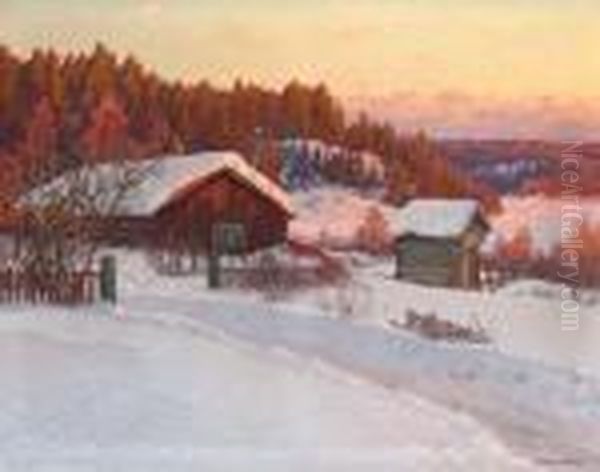 Marsafton. Motiv Fran Dalarne Oil Painting by Anshelm Schultzberg