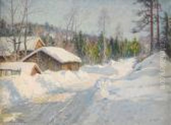 Snoplogvag Forbi Anderssons Gard - Laxtjarn Oil Painting by Anshelm Schultzberg