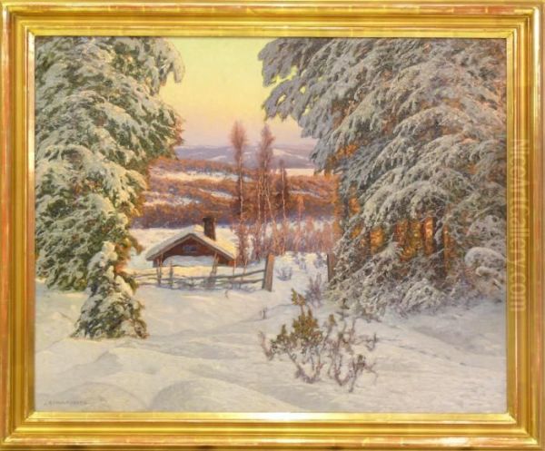 Vinterlandskap Med Stuga Oil Painting by Anshelm Schultzberg