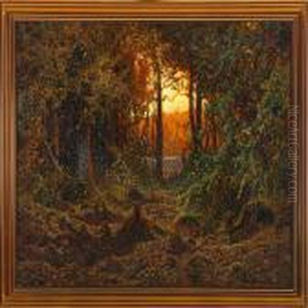 A Forest Glade Bya Lake Oil Painting by Anshelm Schultzberg