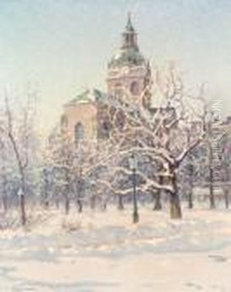 S:t Jacobs Kyrka I Vinterskrud Oil Painting by Anshelm Schultzberg