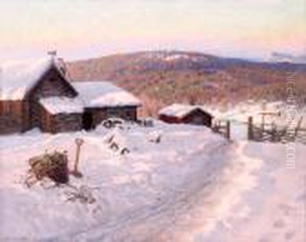 Stugor I Vinterlandskap Oil Painting by Anshelm Schultzberg