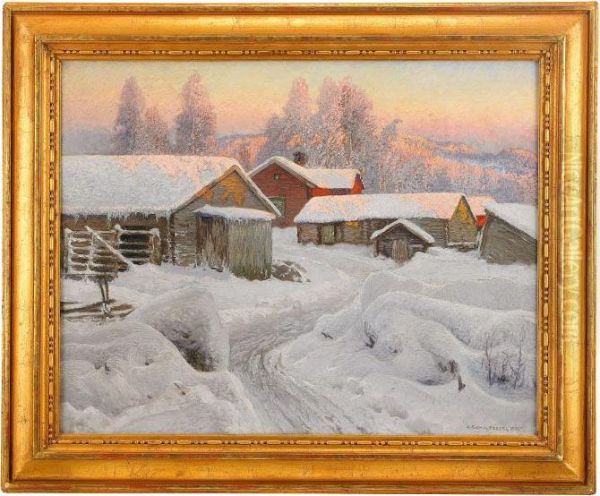 Aftonrodnad Over Norrlandsk Gardsmiljo Oil Painting by Anshelm Schultzberg