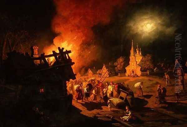 Fire in the Village Oil Painting by Leonid Ivanovich Solomatkin