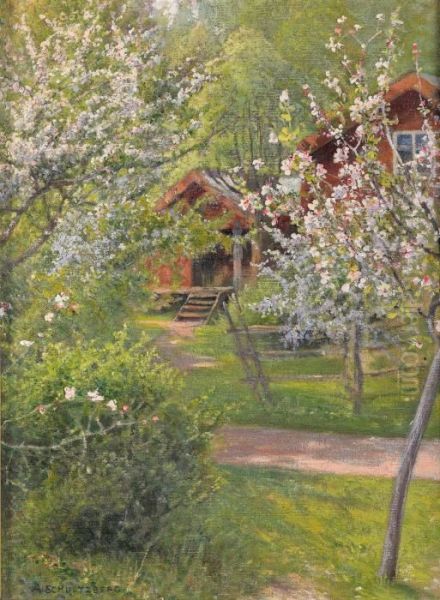 Sommarlandskap Med Blommande Frukttrad Oil Painting by Anshelm Schultzberg